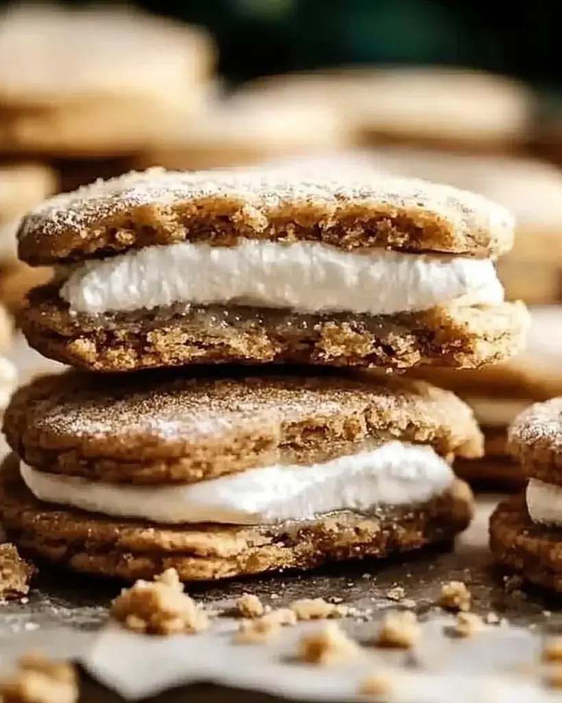 Delicious eggnog oatmeal cream pies with creamy filling on a festive background.