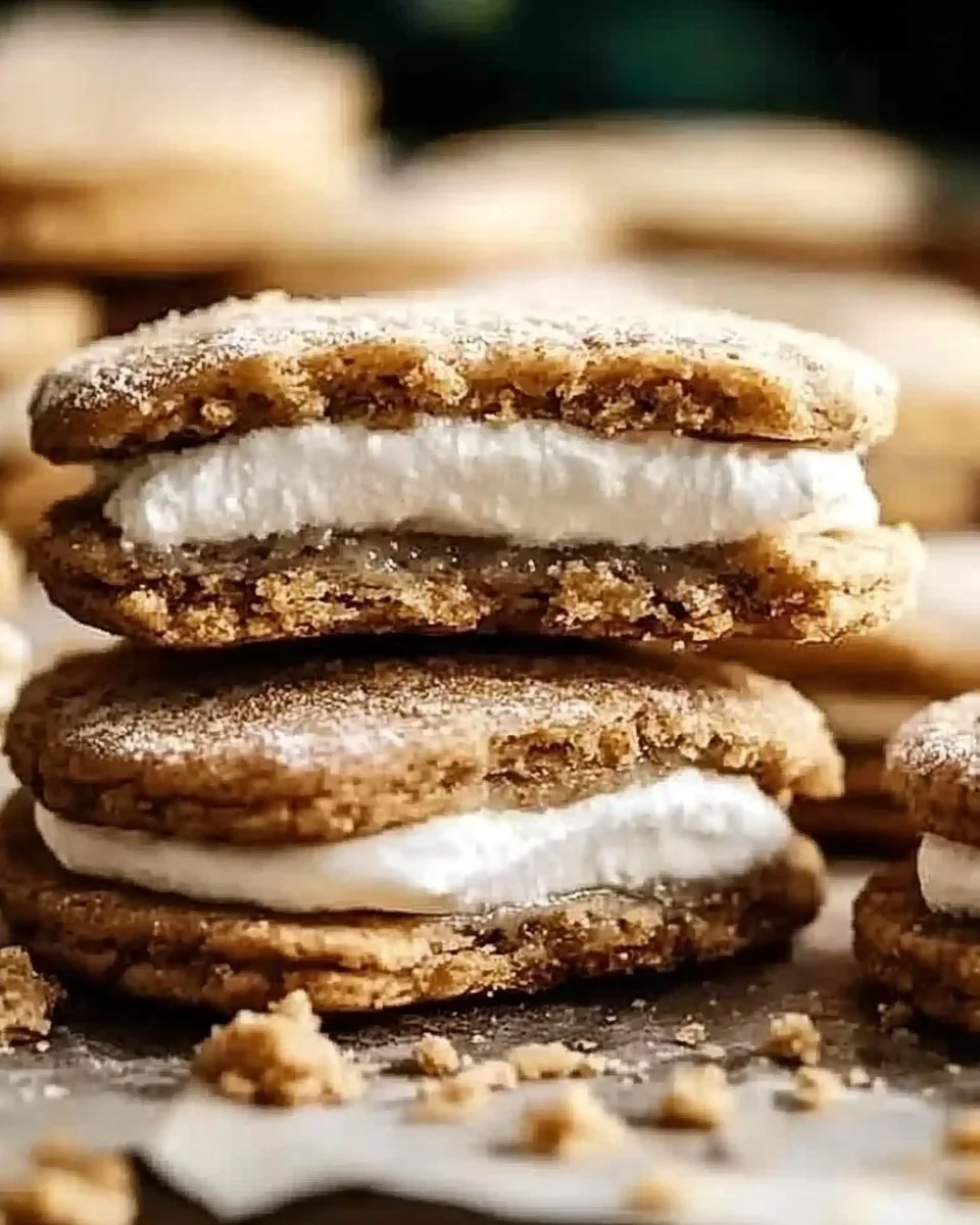 Delicious eggnog oatmeal cream pies with creamy filling on a festive background.