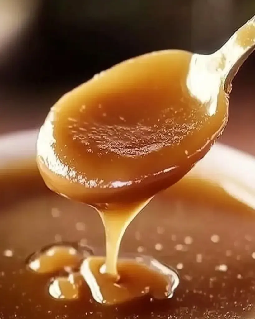 A jar of creamy homemade caramel sauce dripping from a spoon.