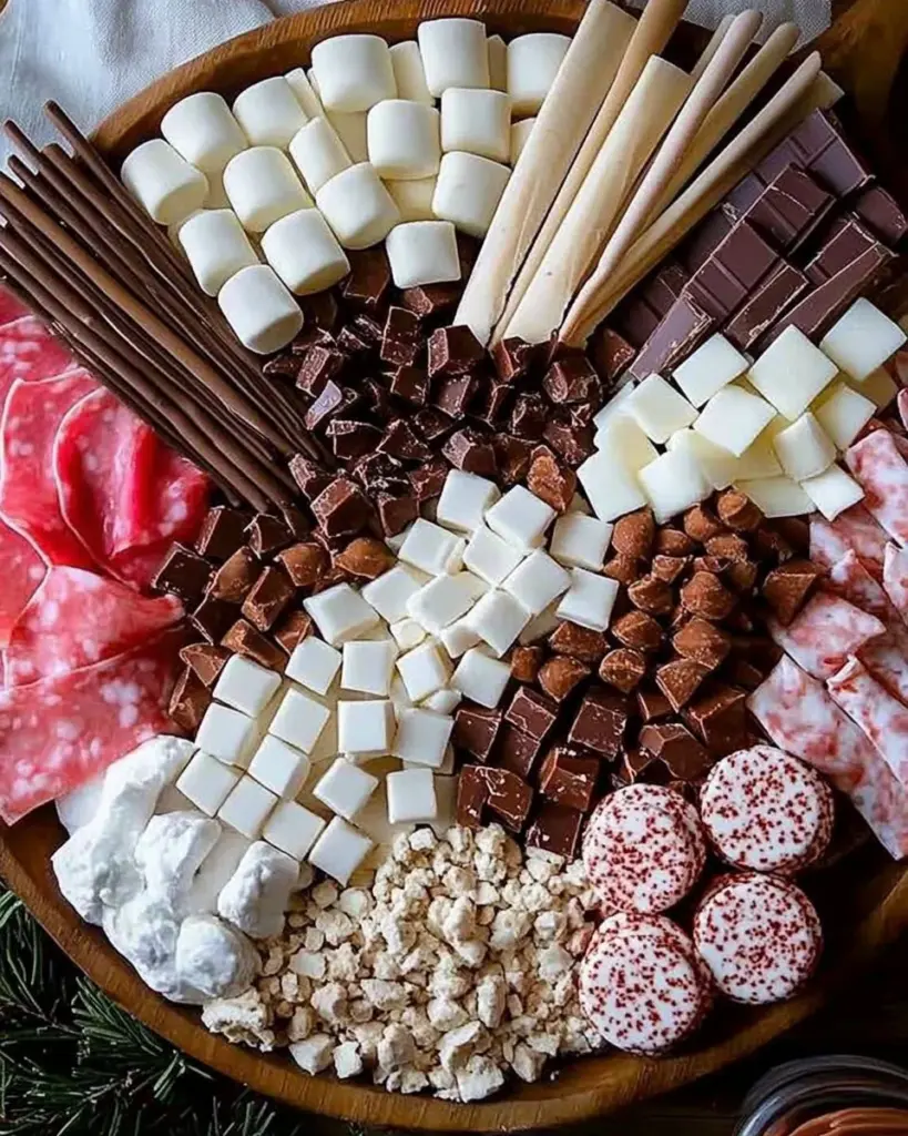 Hot chocolate charcuterie board with marshmallows and snacks for winter gatherings.