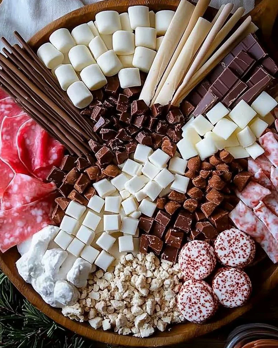 Hot chocolate charcuterie board with marshmallows and snacks for winter gatherings.