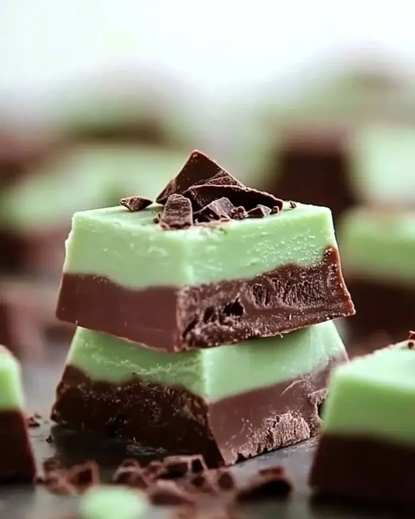 Homemade mint chocolate fudge squares on a festive plate