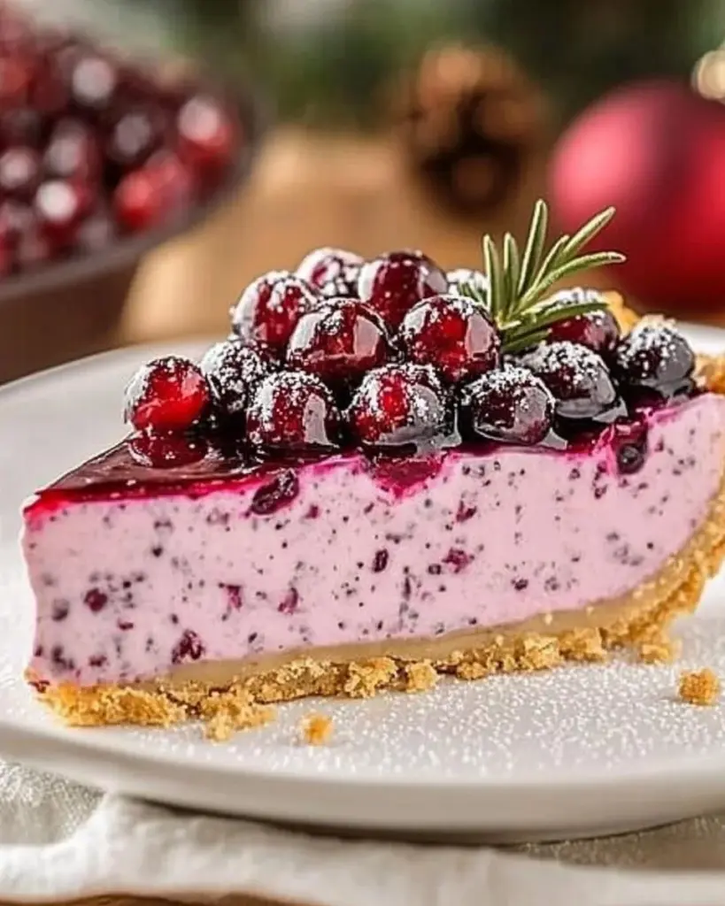 No Bake Cranberry Pie topped with whipped cream and fresh cranberries