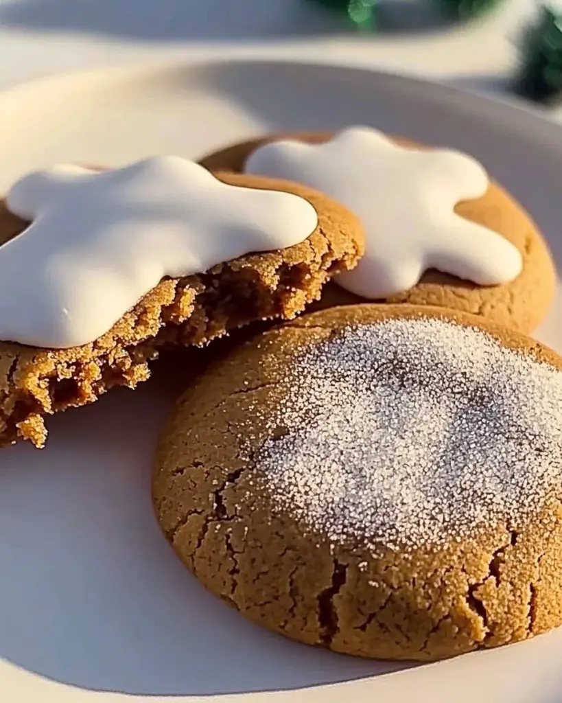 Soft gingerbread cookies decorated with icing on a plate.