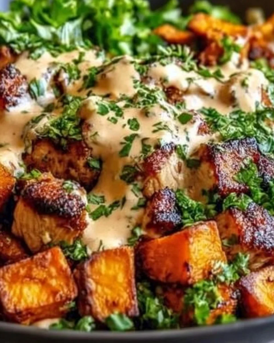 Delicious chicken and sweet potato bowls served in a vibrant dish