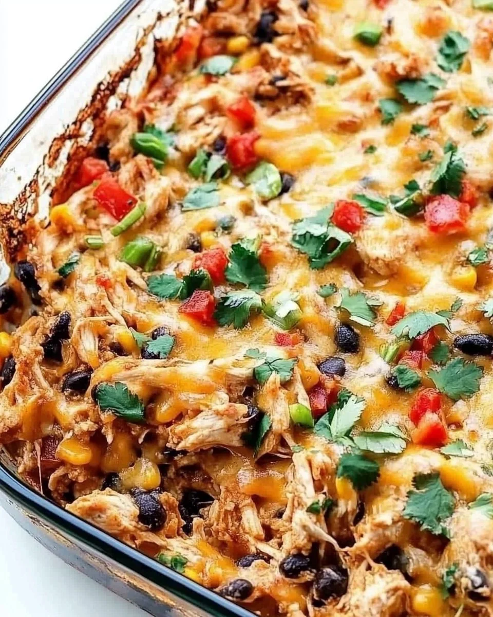 Delicious Chicken Burrito Casserole topped with fresh ingredients for a tasty meal.