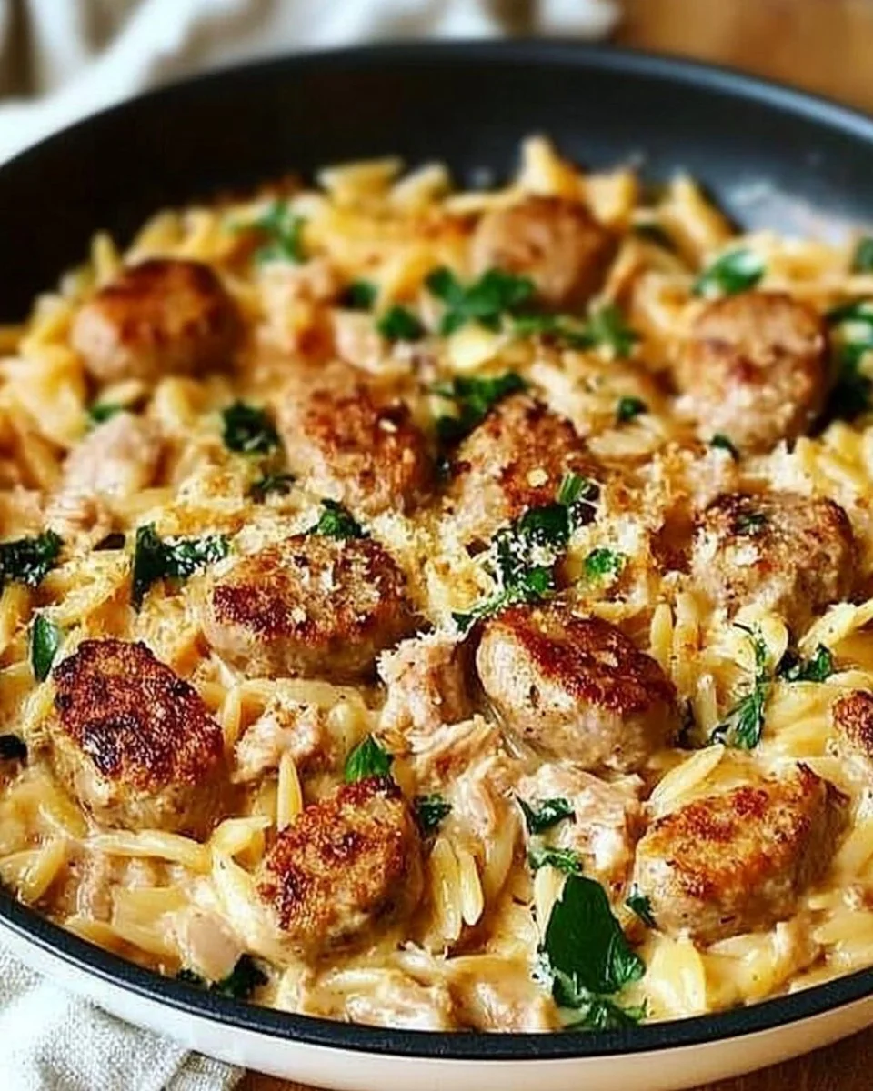 Creamy chicken sausage orzo dish served in a one-pan meal
