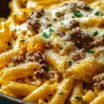 Creamy high protein beef pasta dish garnished with parsley on a plate