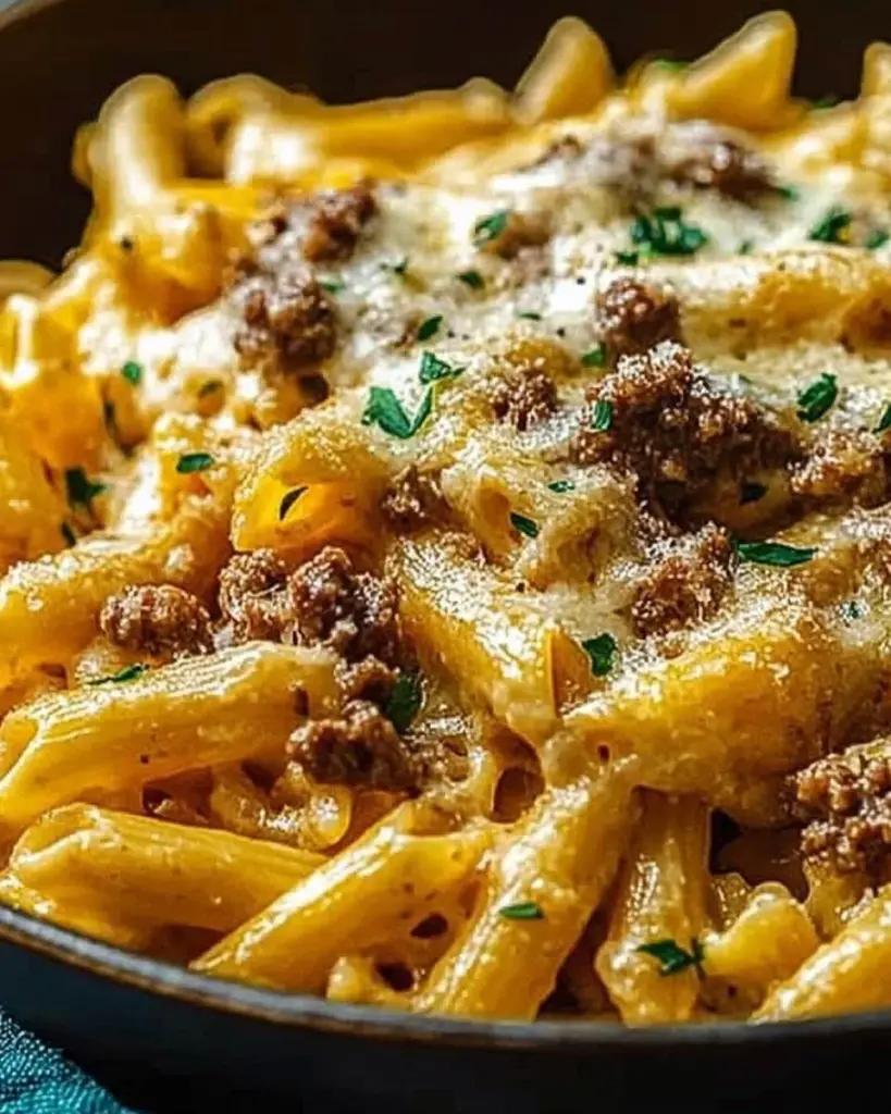 Creamy high protein beef pasta dish garnished with parsley on a plate