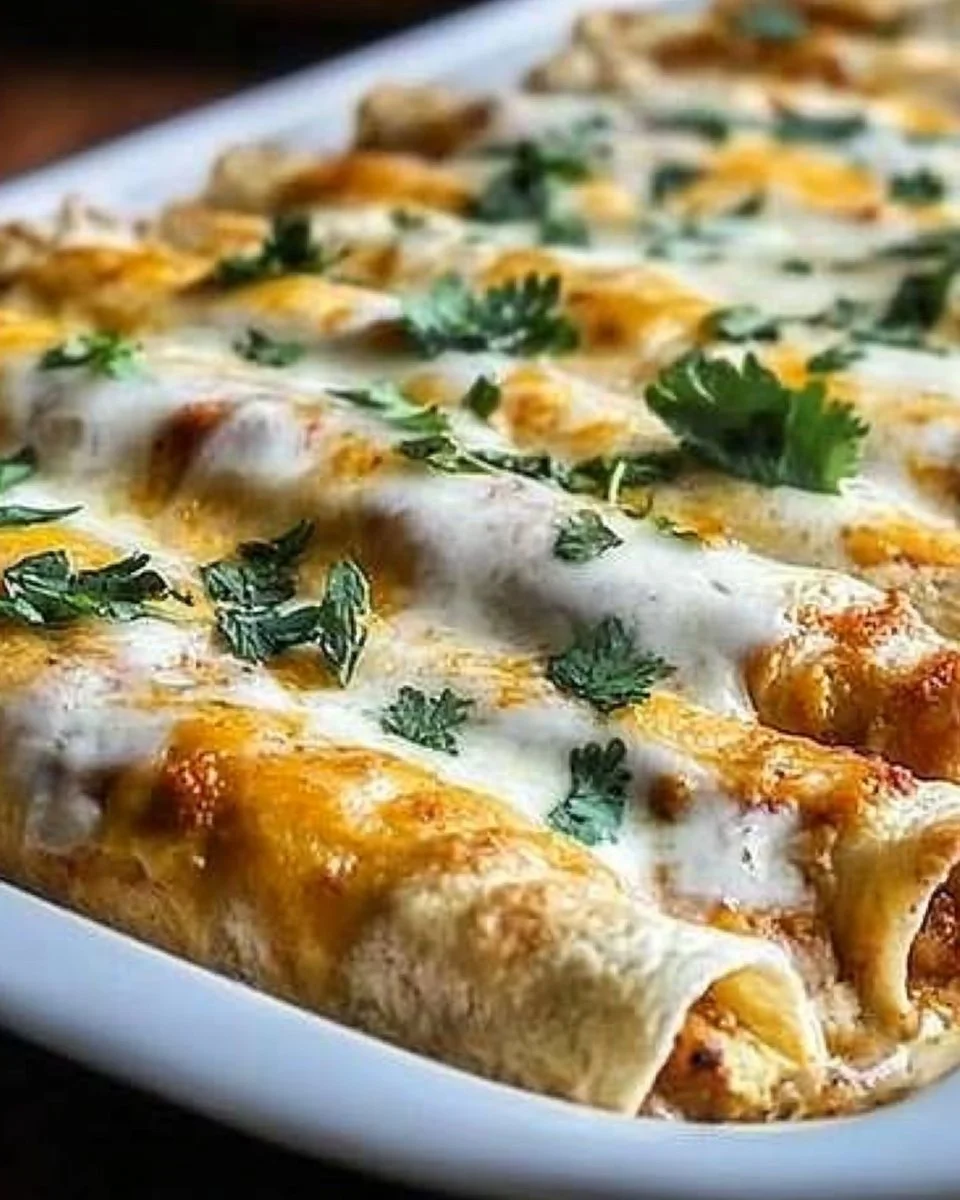 Plate of high protein chicken enchiladas garnished with fresh cilantro.