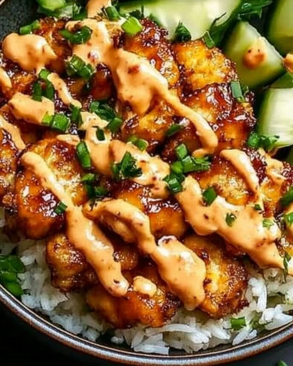 Crispy chicken topped with creamy spicy sauce served with jasmine rice