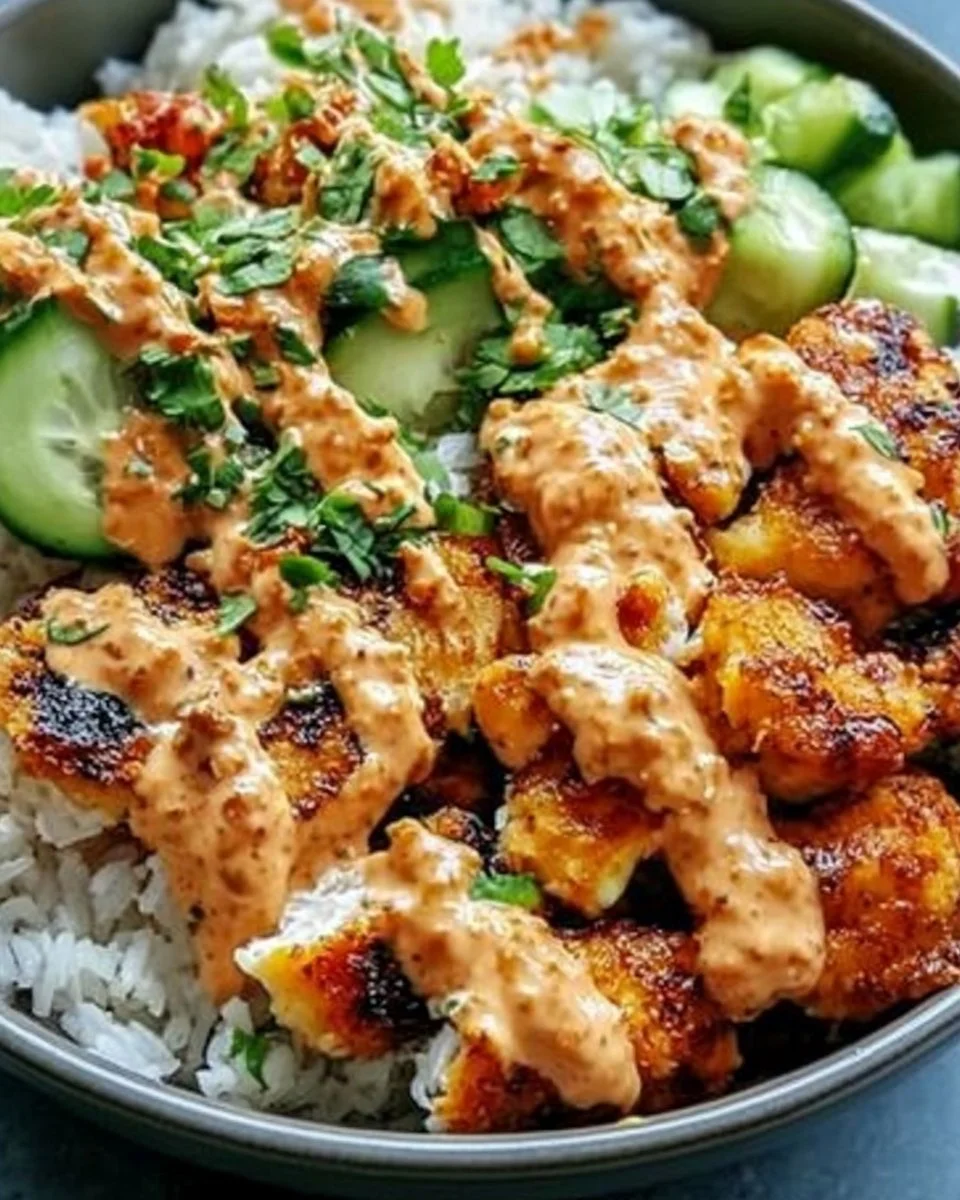 Crispy Chicken with Creamy Spicy Sauce and Jasmine Rice