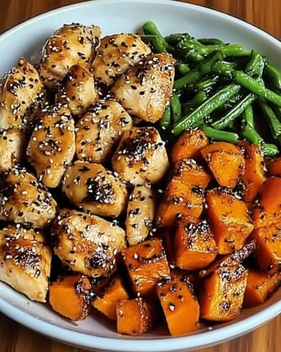 Delicious honey garlic chicken served with sweet potatoes on a plate