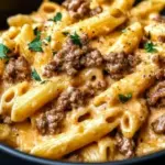 Delicious creamy beef pasta dish served in a bowl with fresh herbs