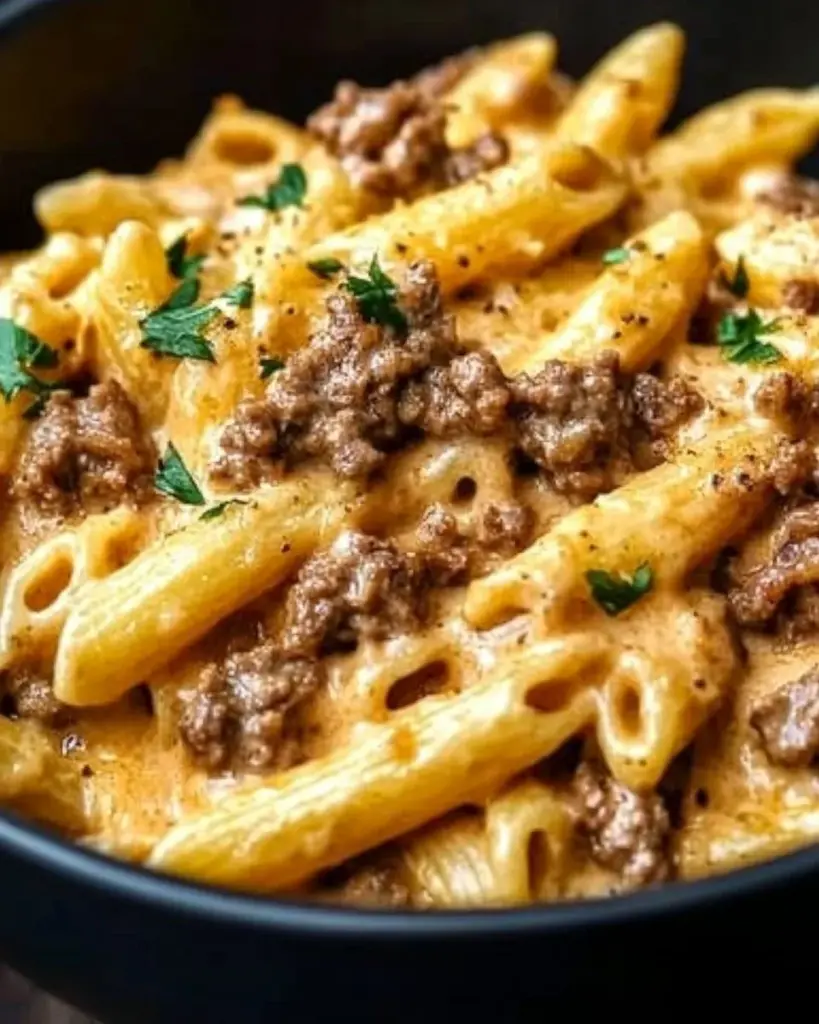 Delicious creamy beef pasta dish served in a bowl with fresh herbs