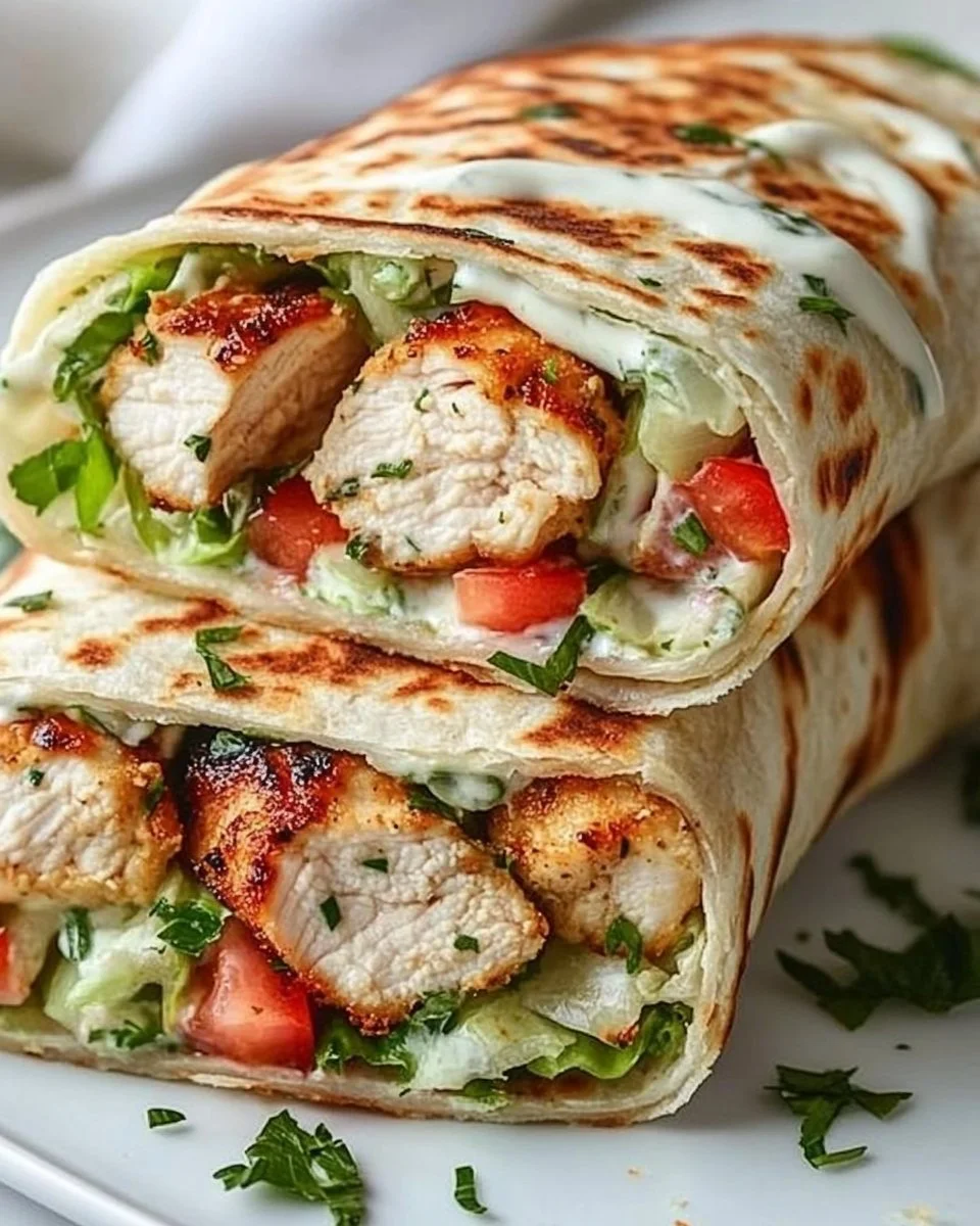 Delicious garlic chicken wraps served with fresh vegetables and sauces