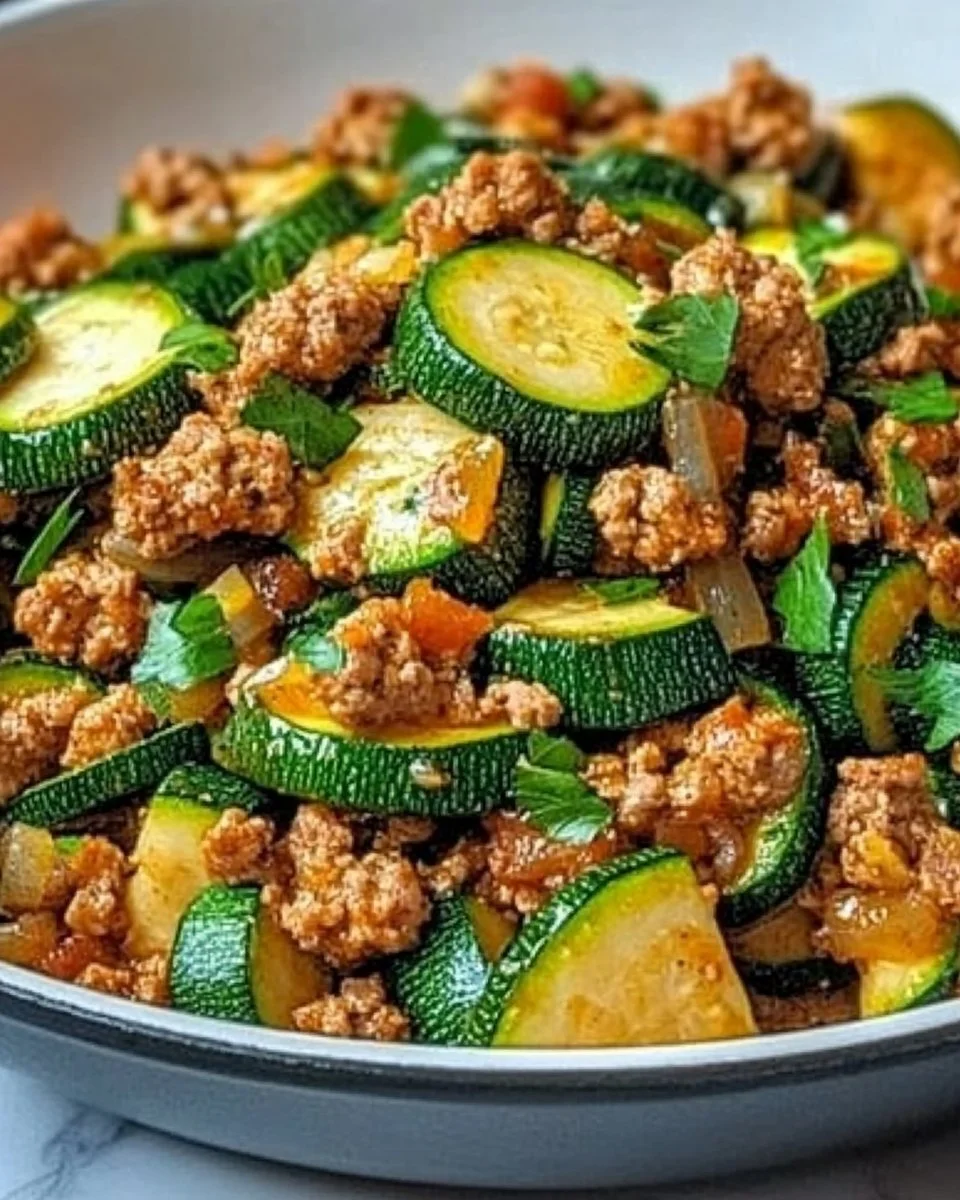 Ground turkey and zucchini skillet dish served in a pan