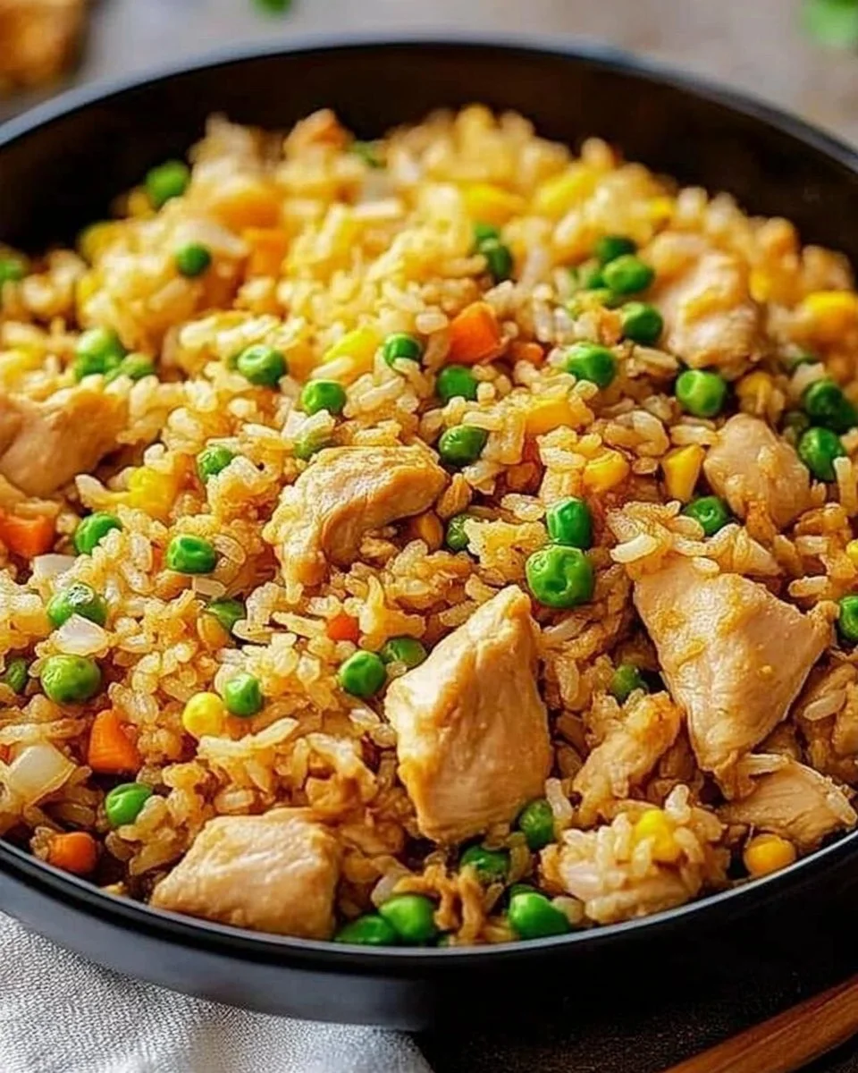 High protein chicken fried rice with colorful vegetables and chicken pieces