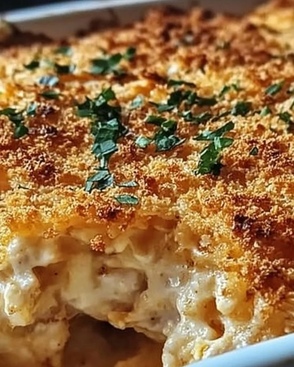 High protein chicken parmesan casserole topped with melted cheese and fresh basil.