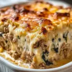 High protein ground turkey casserole topped with cheese in a baking dish