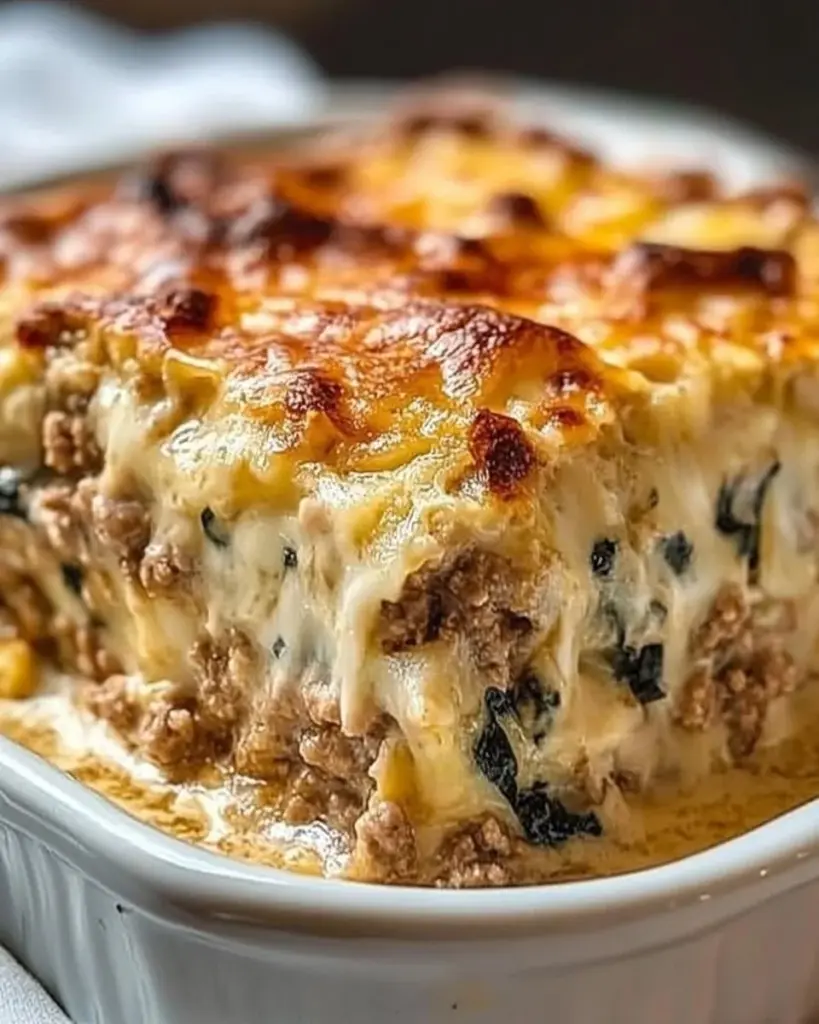 High protein ground turkey casserole topped with cheese in a baking dish