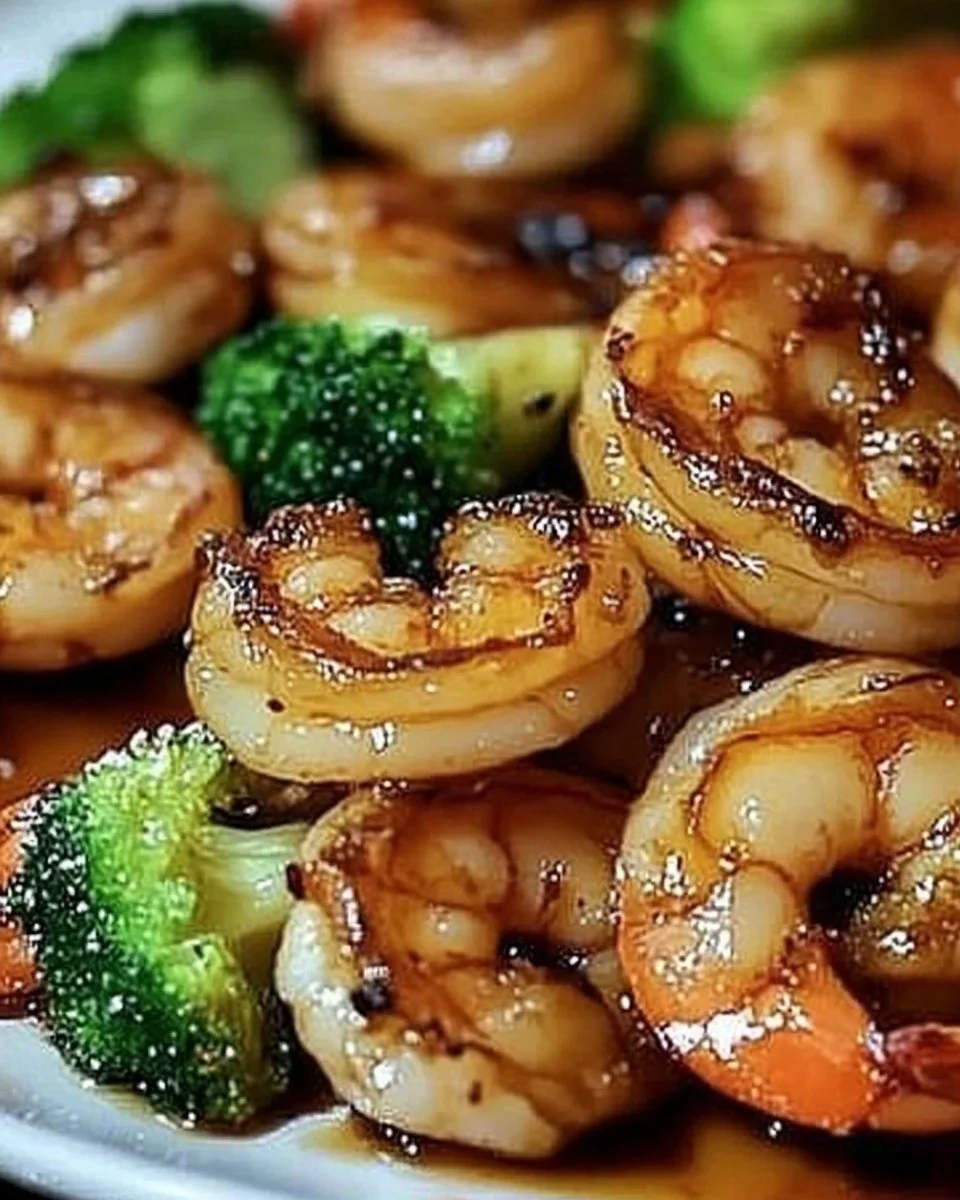High-protein honey garlic shrimp served on a plate with vegetables.