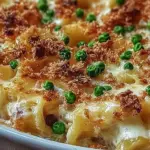 Delicious high-protein tuna casserole with Greek yogurt sauce served in a dish