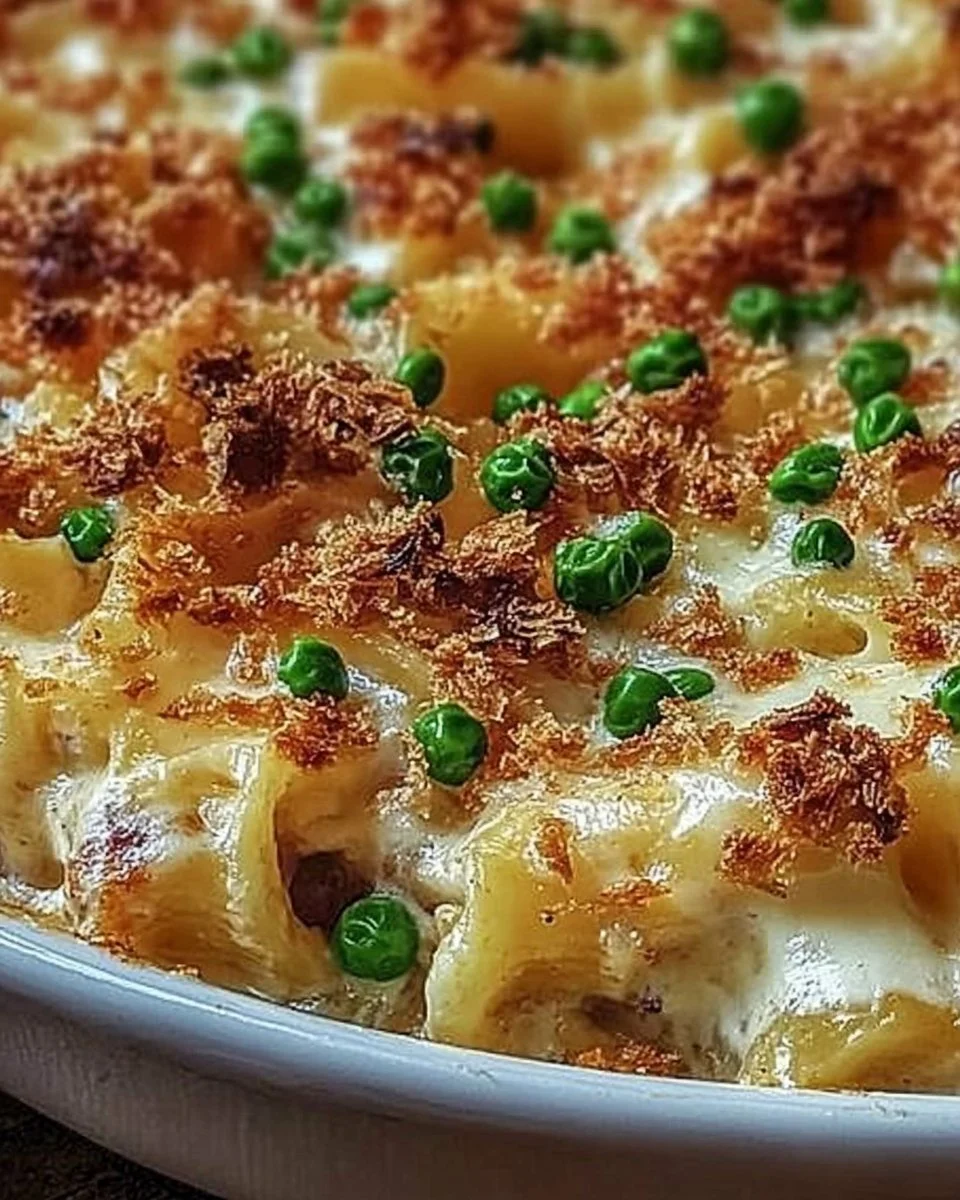 Delicious high-protein tuna casserole with Greek yogurt sauce served in a dish
