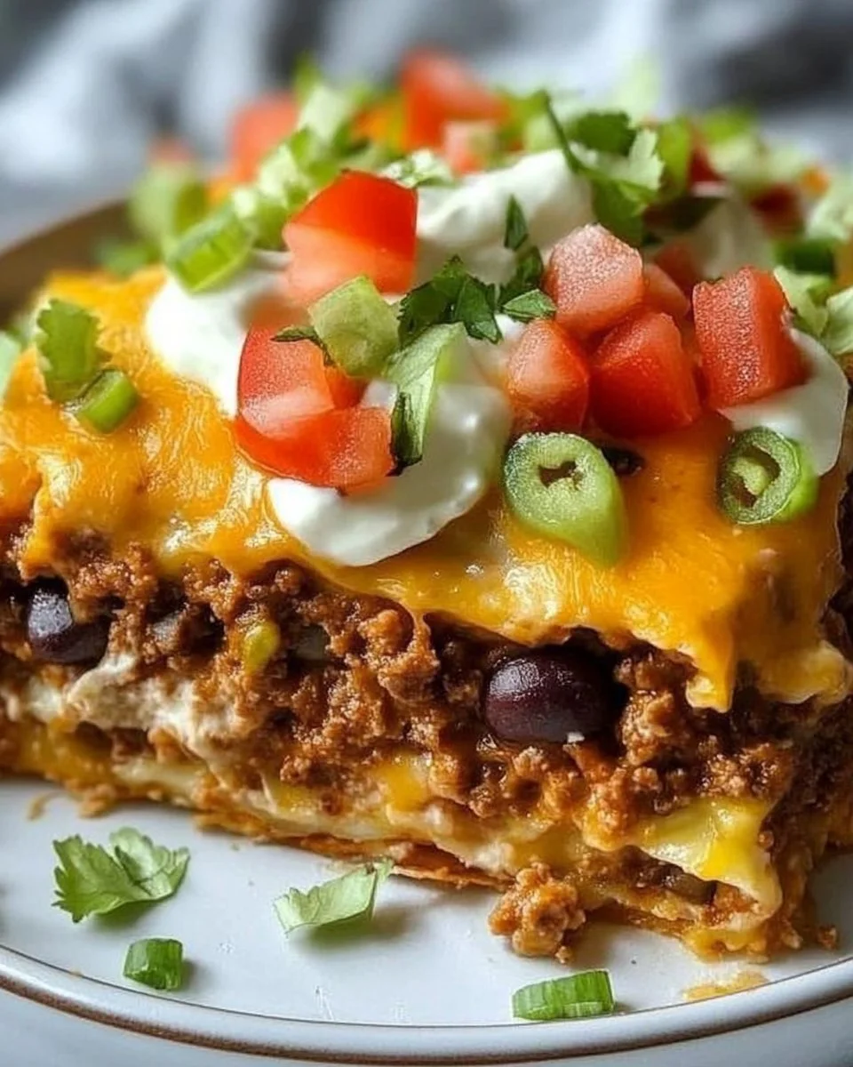 Low carb taco casserole topped with cheese and garnished with avocado