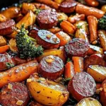 One-Pan Honey Garlic Kielbasa with colorful veggies in a skillet