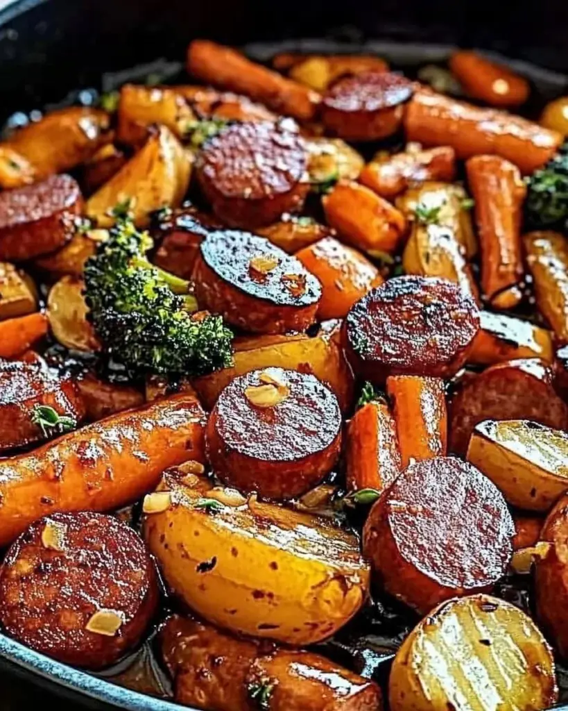 One-Pan Honey Garlic Kielbasa with colorful veggies in a skillet