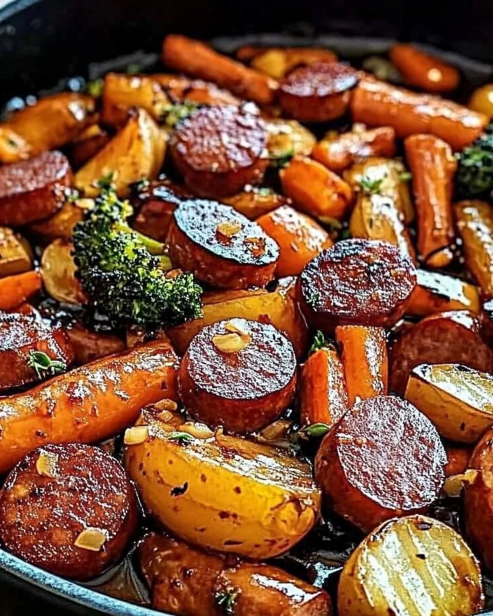 One-Pan Honey Garlic Kielbasa with colorful veggies in a skillet
