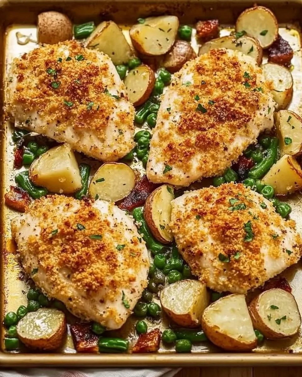 Delicious Parmesan Crusted Chicken Sheet Pan Dinner ready to serve