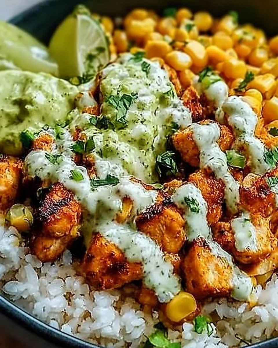 Delicious Street Corn Chicken Rice Bowl with grilled chicken and corn