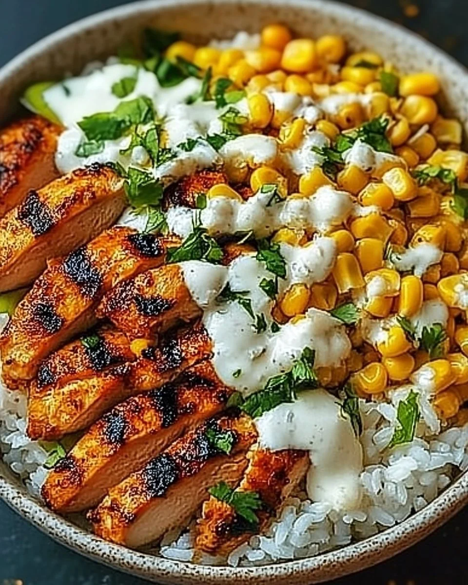 Delicious Street Corn Chicken Rice Bowl garnished with fresh ingredients