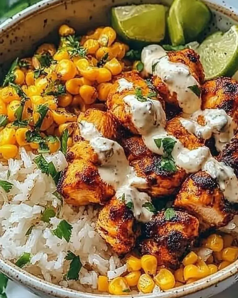 Delicious Street Corn Chicken Bowl with vibrant toppings and flavors.