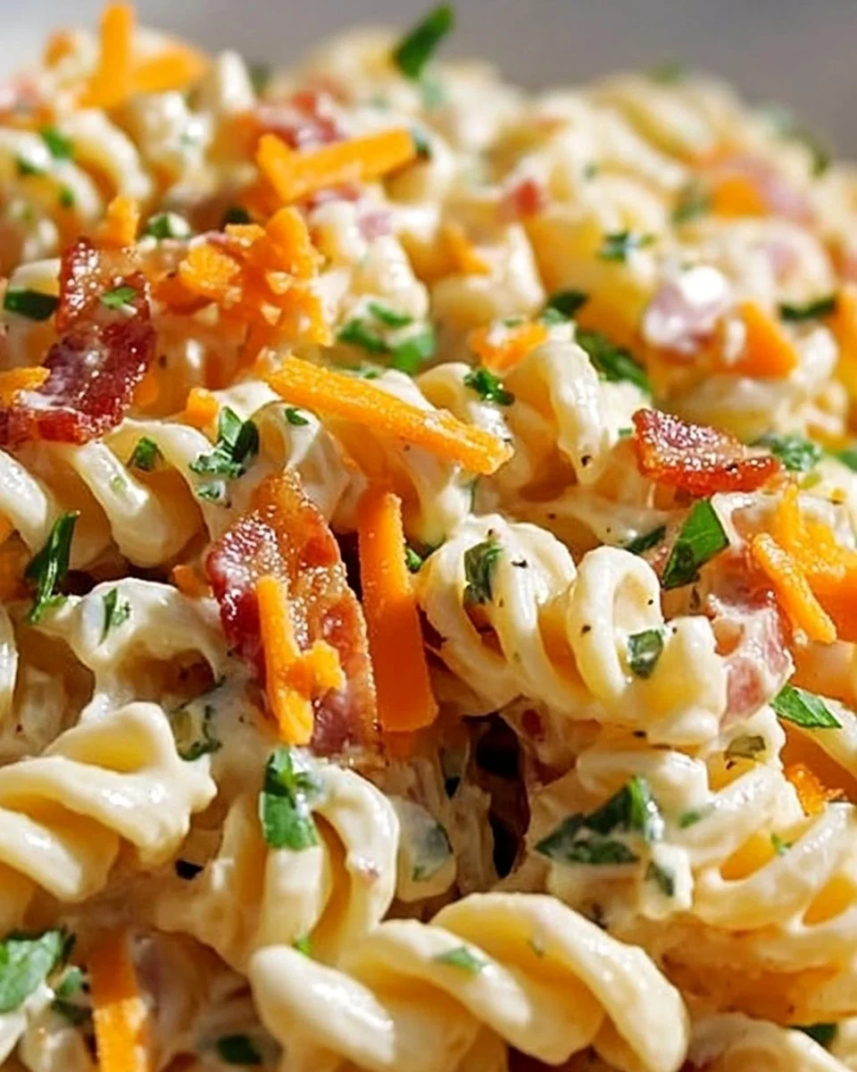 Bacon Ranch Pasta Salad with creamy dressing and crispy bacon bits