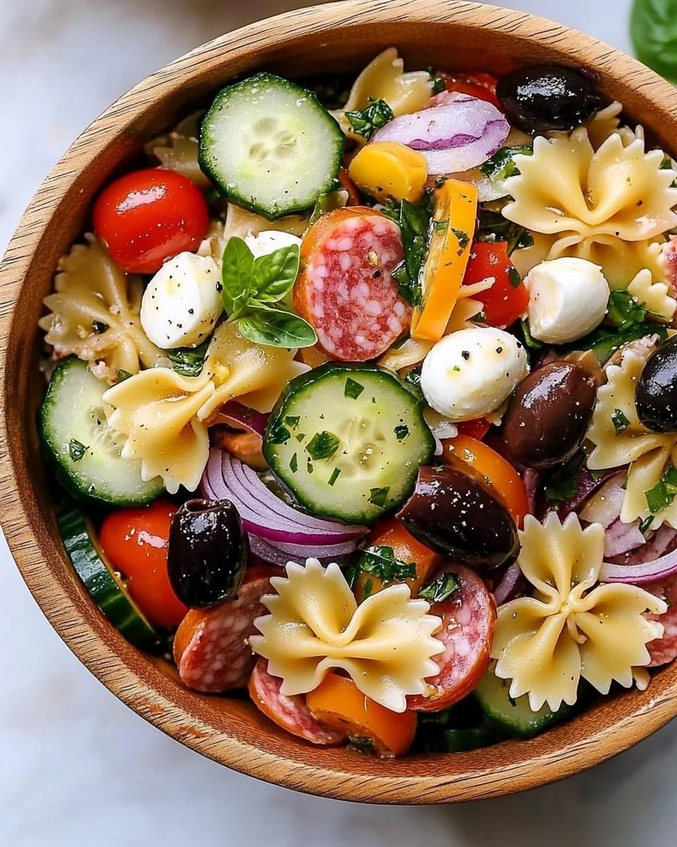 Delicious Italian pasta salad with salami, fresh vegetables and Italian dressing