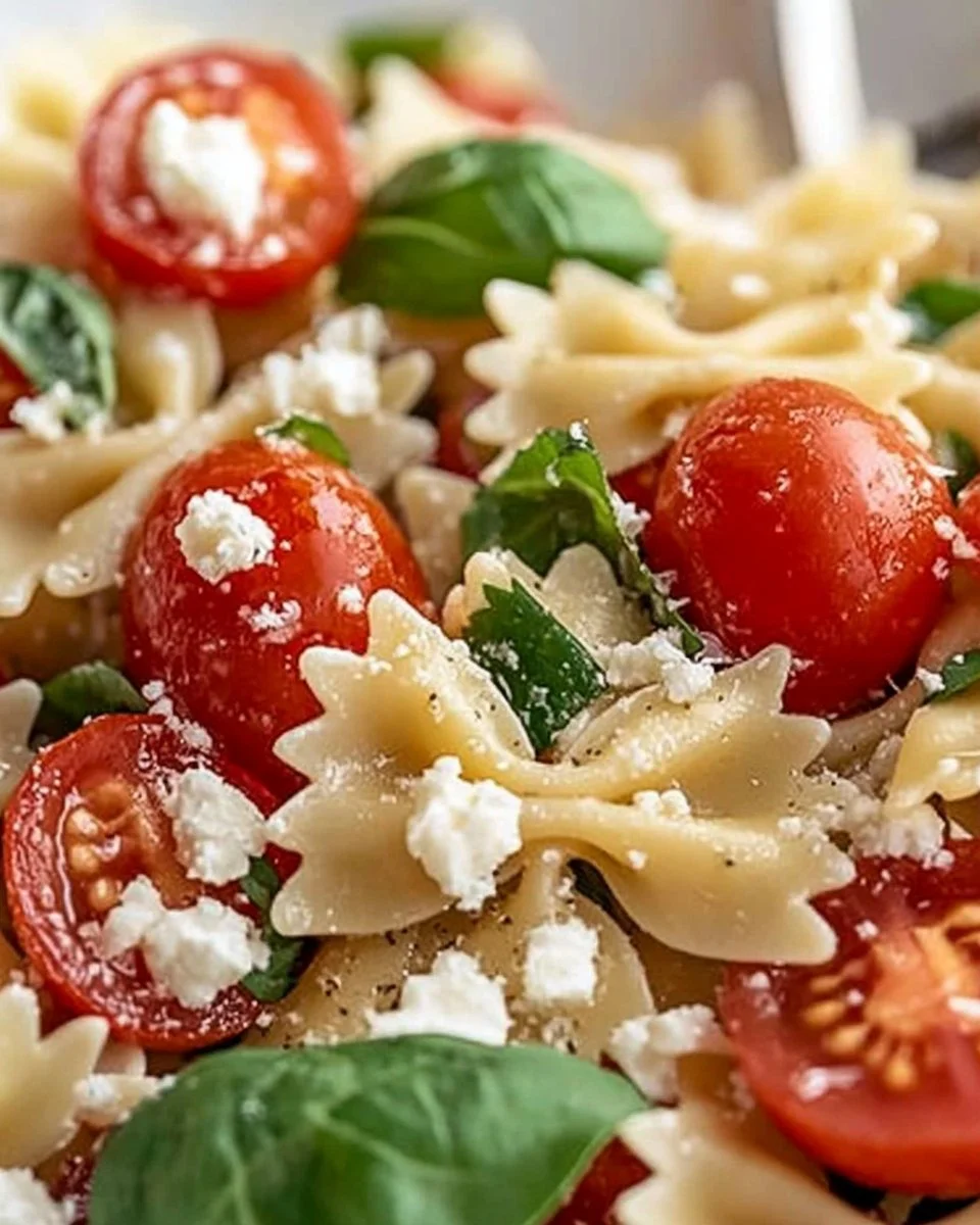 Colorful Bow Tie Pasta Salad with fresh vegetables and dressing