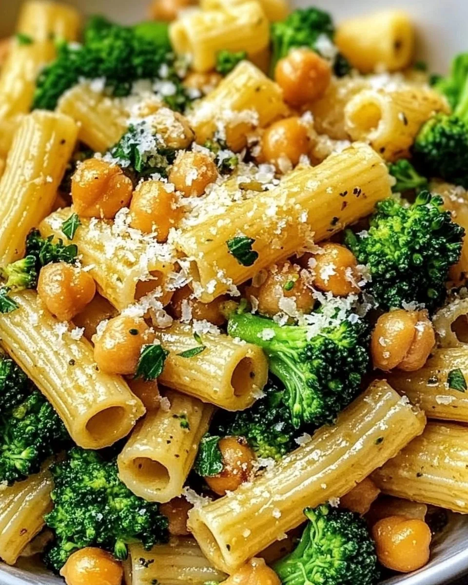 Plate of broccoli chickpea pasta drizzled with garlic olive oil and garnished with herbs