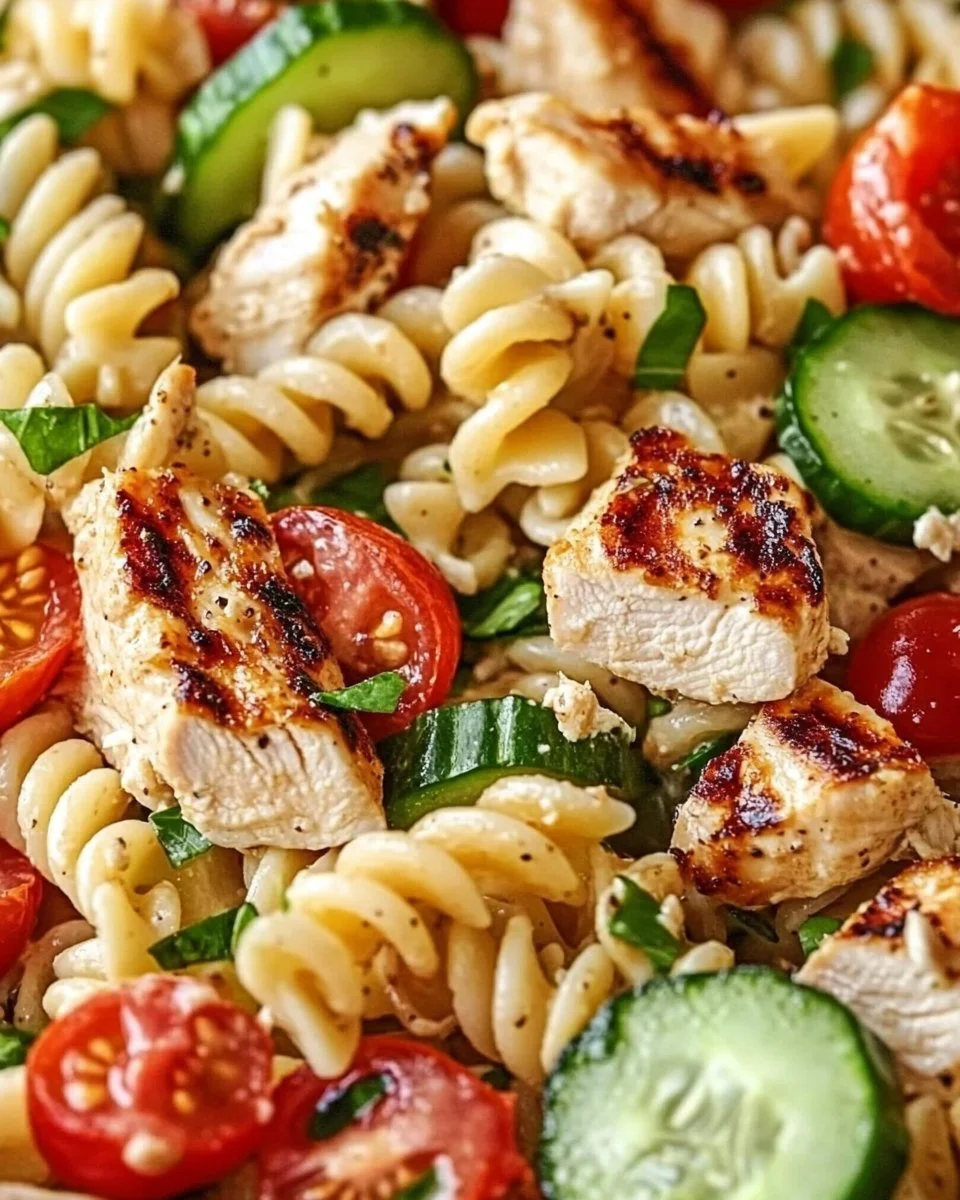 Delicious Chicken Club Pasta Salad served in a bowl, perfect for summer meals.
