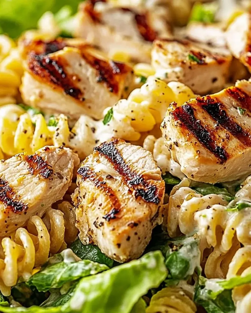 Creamy chicken Caesar pasta salad with fresh ingredients and dressing