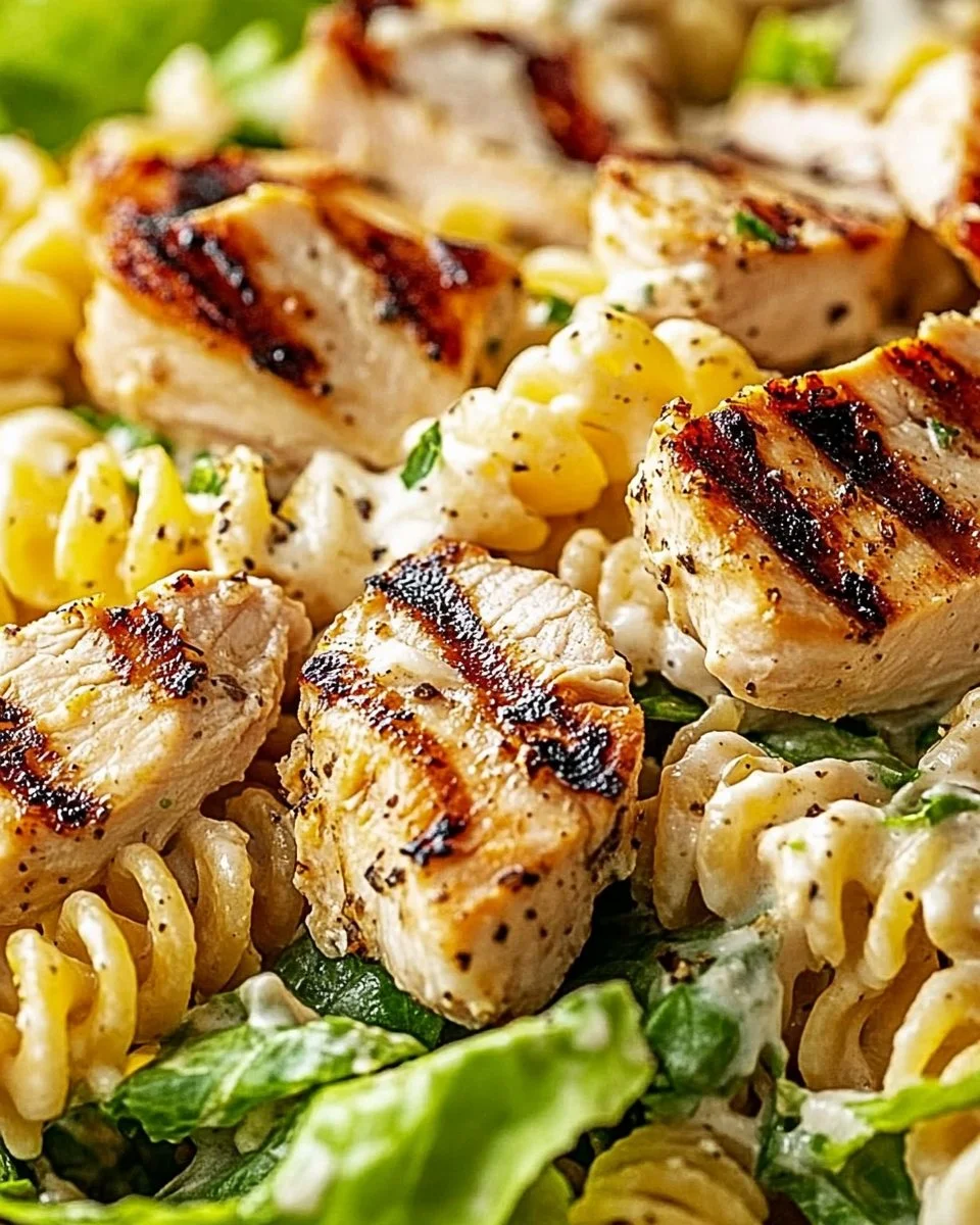 Creamy chicken Caesar pasta salad with fresh ingredients and dressing