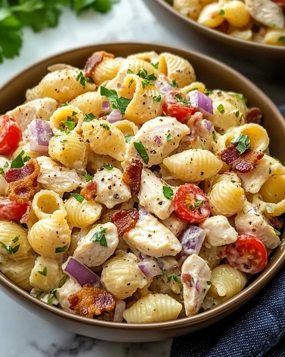 Creamy high protein bacon ranch pasta salad in a bowl