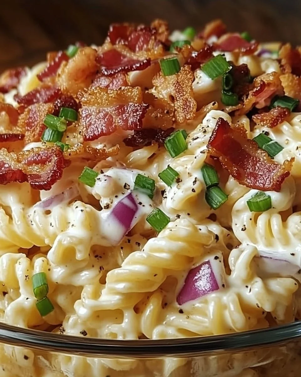 Creamy loaded pasta salad with ranch dressing and crispy bacon served in a bowl