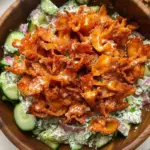 Colorful crunchy veggie pasta salad with fresh vegetables and dressing