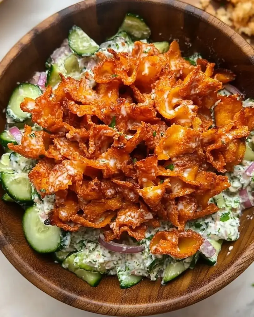 Colorful crunchy veggie pasta salad with fresh vegetables and dressing