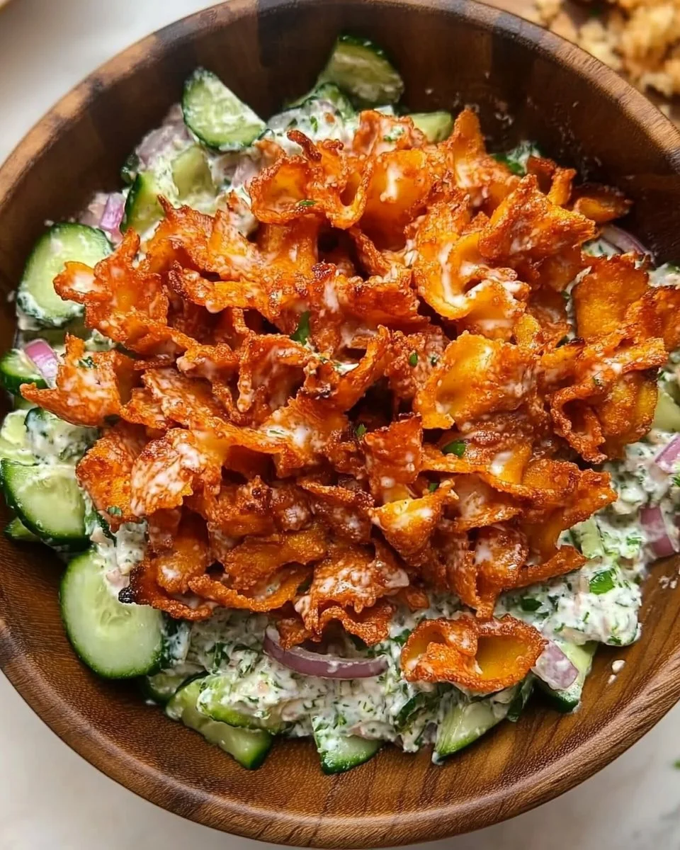 Colorful crunchy veggie pasta salad with fresh vegetables and dressing