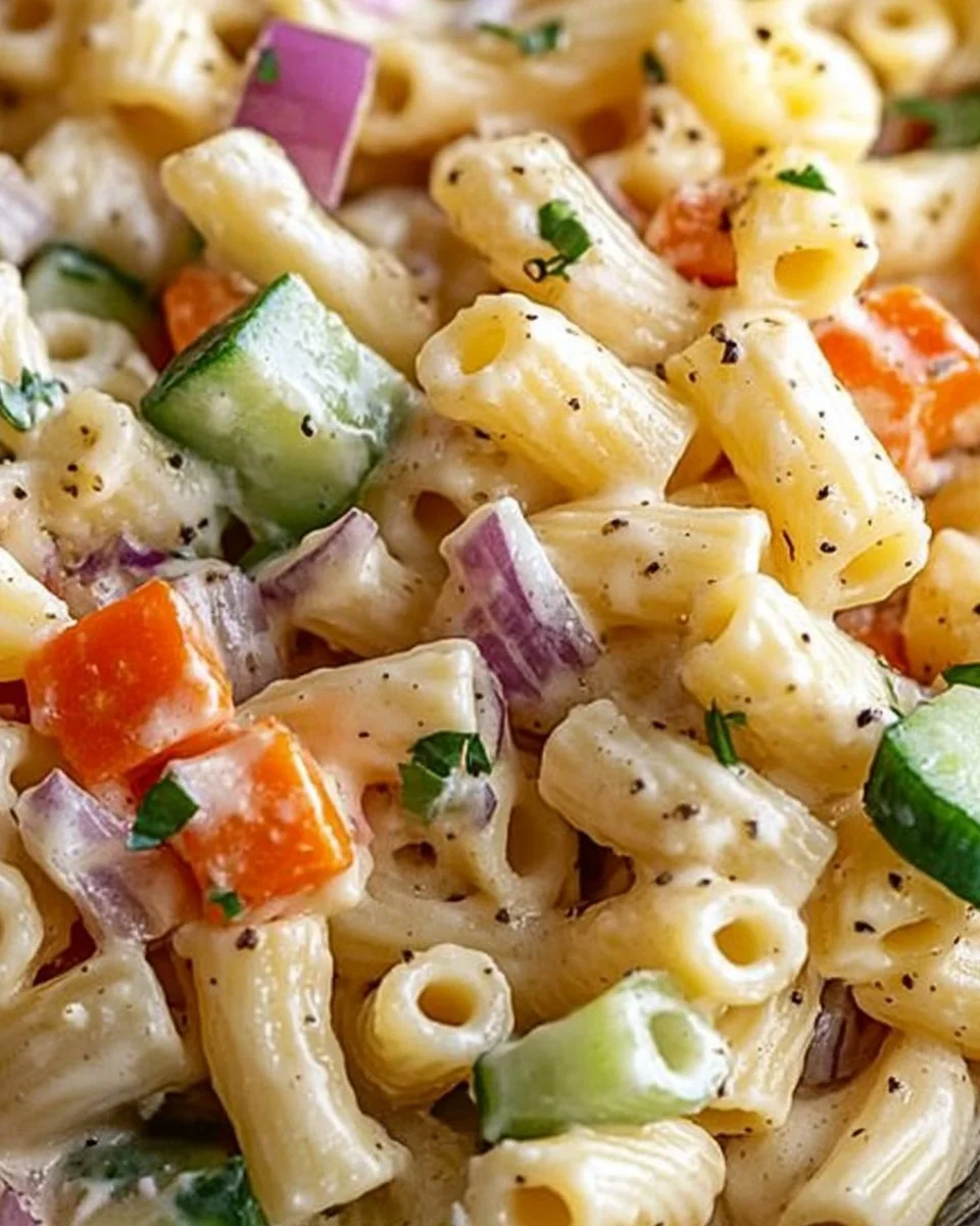 A colorful bowl of Ditalini Pasta Salad, featuring fresh vegetables and dressing.