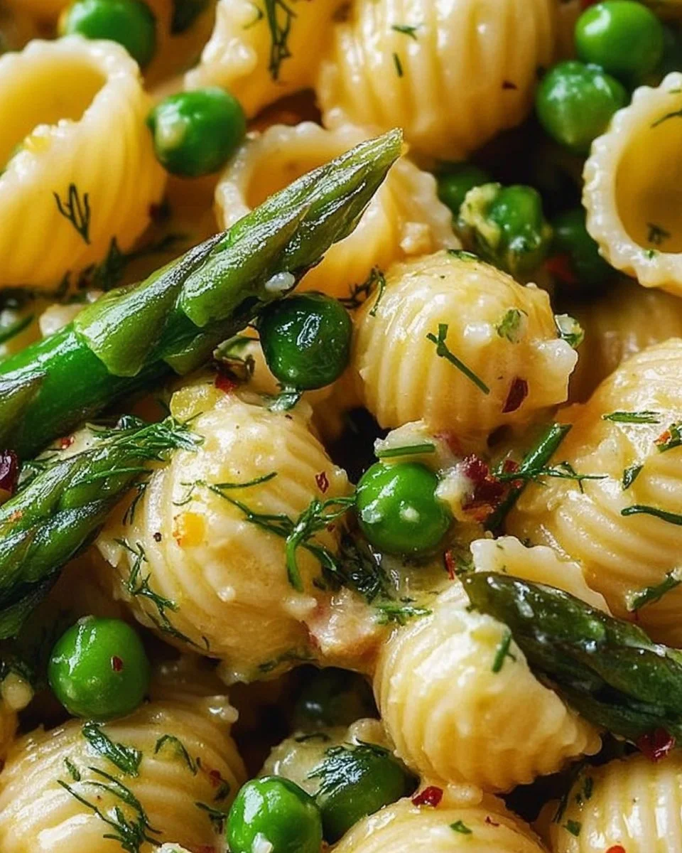 Fresh Spring Pasta Salad with Asparagus and Lemon Dill Vinaigrette in a bowl